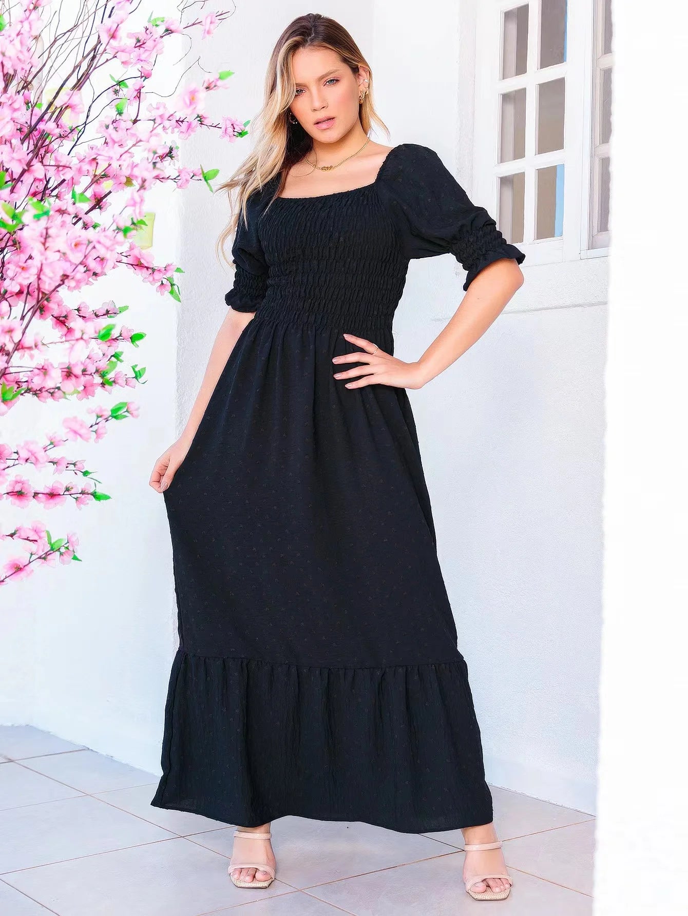 Vestido Longo com Manga Bufante